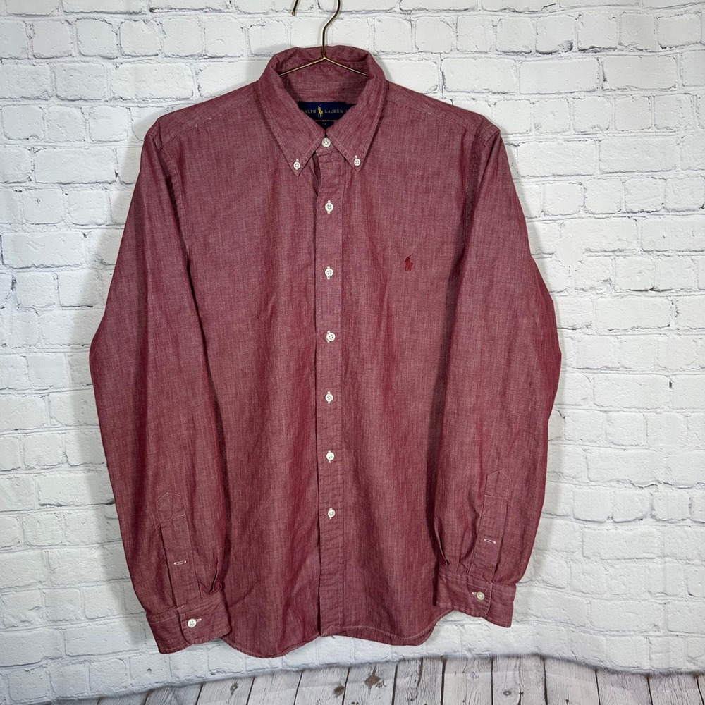 Ralph‎ Lauren Mens Slim Fit Cotton Chambray Button Down Shirt Maroon Burgundy L